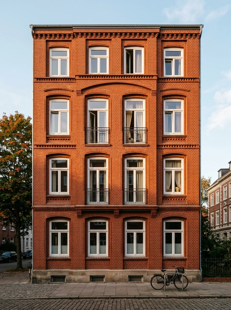 Sanierte Klinkerfassade eines mehrgeschossigen Wohnhauses mit sauber verfugtem Mauerwerk